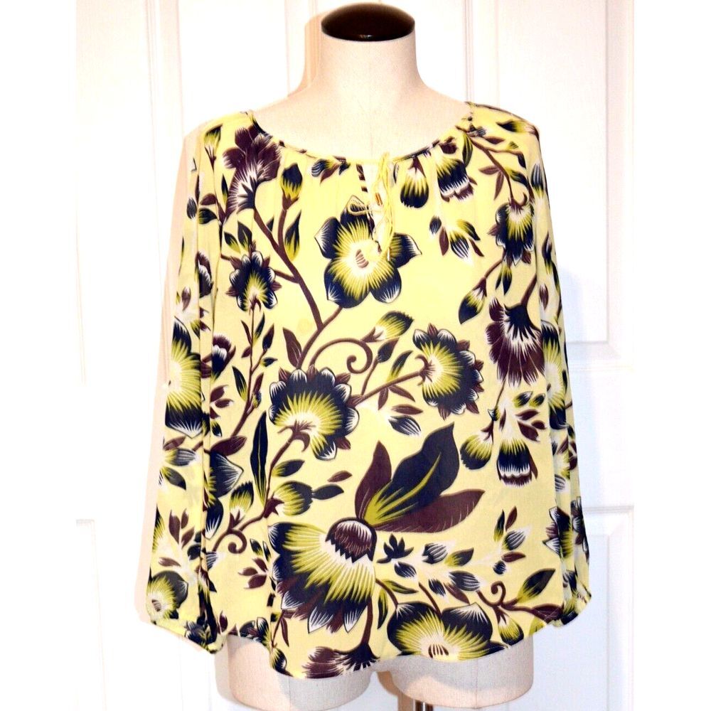 Ann Taylor Blouse Womens Petite Size MP Long‎ Sleeves Yellow Purple Blue Floral